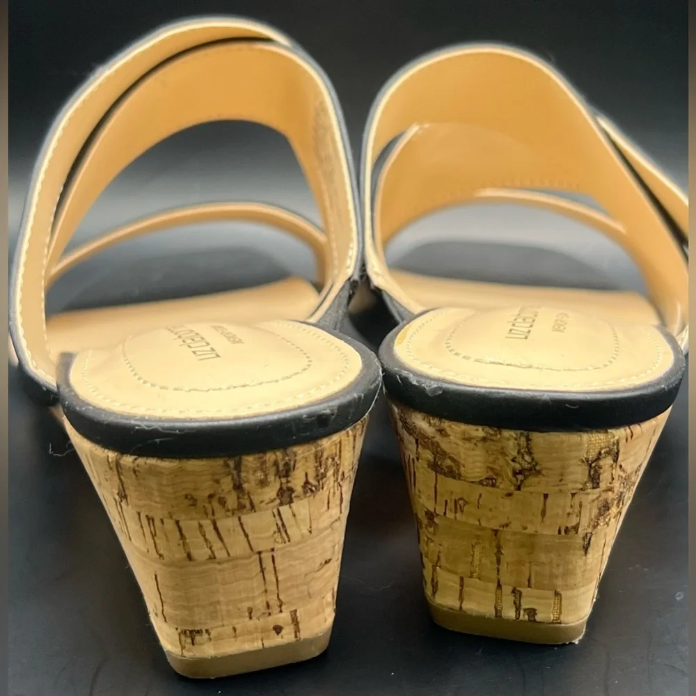 Liz Claiborne- Black‎ Leather Women's Sandals, Cork bottom wedge, Size:7-1/2